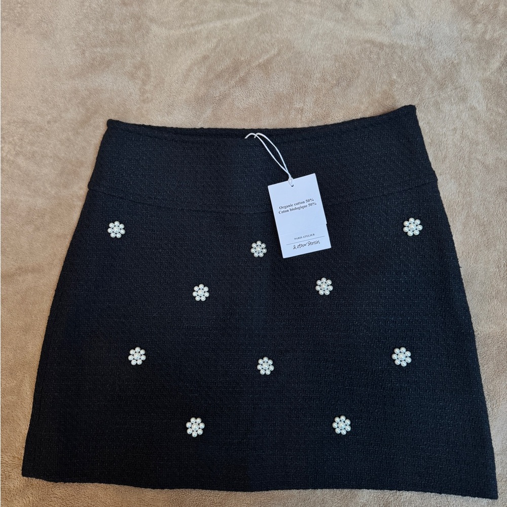 & Other Stories Black Mini Skirt with Pearl Flower Accents | Size: 2